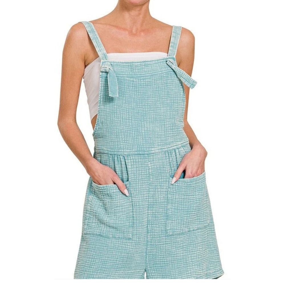 Zenana Dusty teal Cotton Gauze Shortall Romper‎ Pocket Square Neck Sleeveless Lg